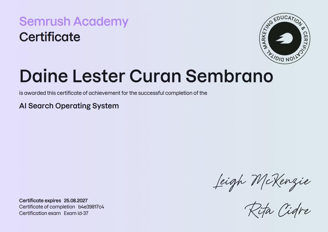 Semrush AI Search Operating System certificate