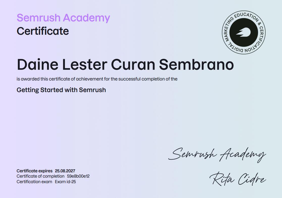Getting Started with Semrush certificate