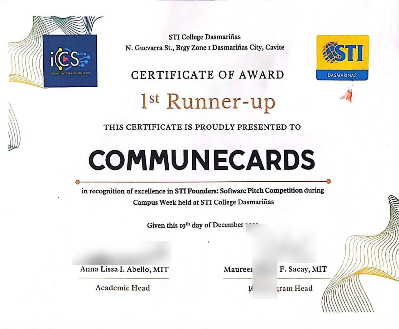 STI Founders Software Pitch Competition first-place certificate