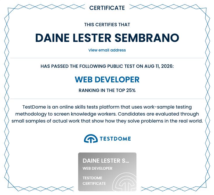 TestDome Web Developer certificate