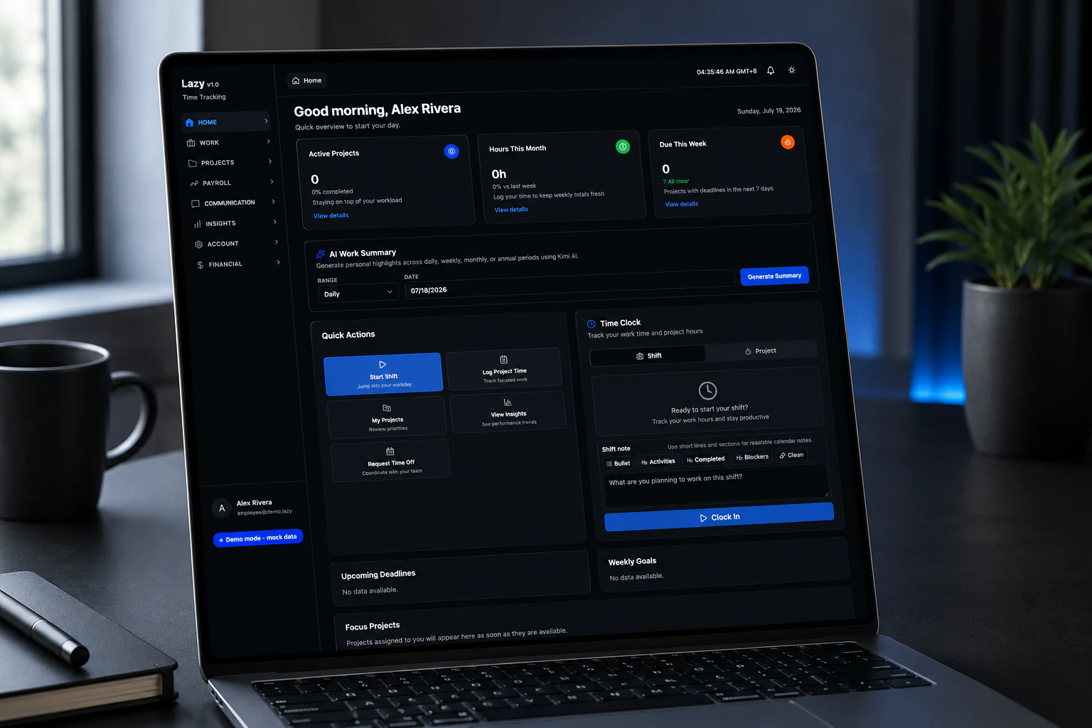 Screenshot of the Lazy time-tracking dashboard